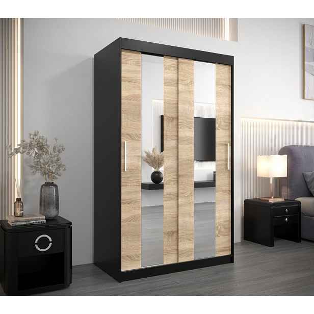Šatní skříň se zrcadly DIANA - šířka 120 cm, černá / dub sonoma