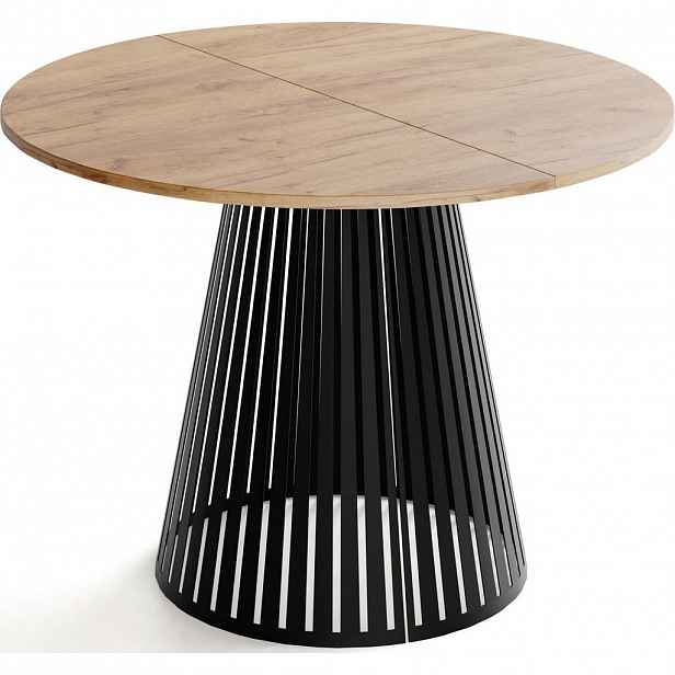 WFL GROUP JÍDELNÍ STŮL Naro Kulatý Rozkládací Industriální s Černou Lamelovou Podnoží, Dub Craft Hnědý 120-196/120/76 cm
