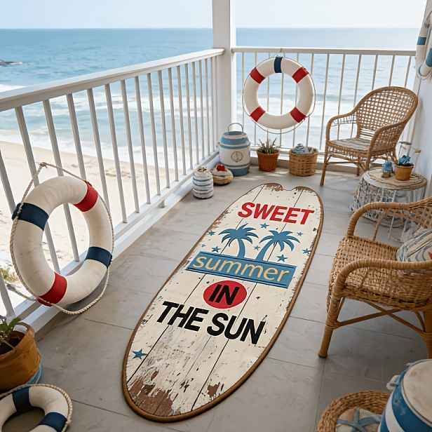 TEMU Umělý kašmír 900G a americký letní styl dřevo Surfboard Ložnice Noční stolek Plyšový nepravidelný koberec Plážová dovolená styl Anglický slogan