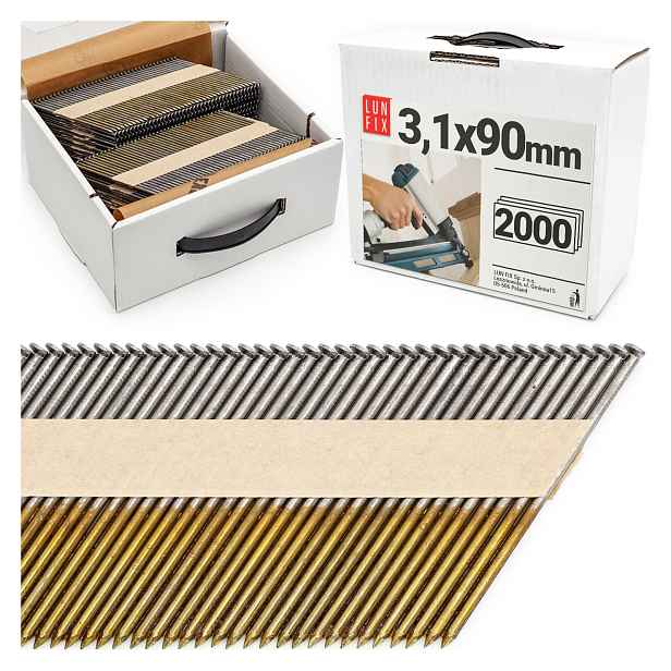 Hřebíky do hřebíkovačky 90 mm spojené papírem 3,1x90 pozink 34° 2000ks