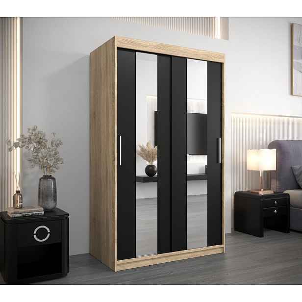 Šatní skříň se zrcadly DIANA - šířka 120 cm, dub sonoma / černá