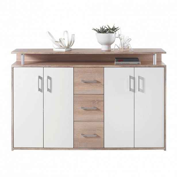 Carryhome ŠIROKÁ KOMODA, bílá, pískové barvy, Sonoma dub, 139/90/34 cm