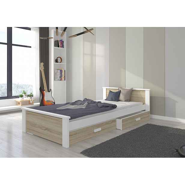 Jednolůžková postel se šuplíky a matrací 80x180 FASNA - bílé / dub sonoma
