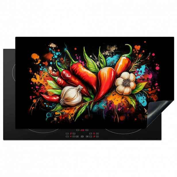 MuchoWow KRYT NA INDUKČNÍ DESKU Zelenina - paprika - česnek - graffiti - barva - barevné 91.6x52.7 cm