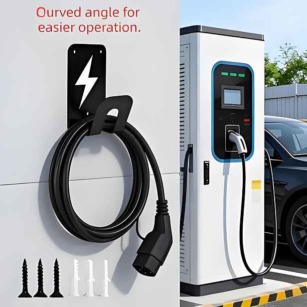 TEMU Pevný držák nabíjecího kabelu pro elektromobily z černého železa, odolný nástěnný organizér kabelů pro garáž a domov. Udržujte kabely uklizené,