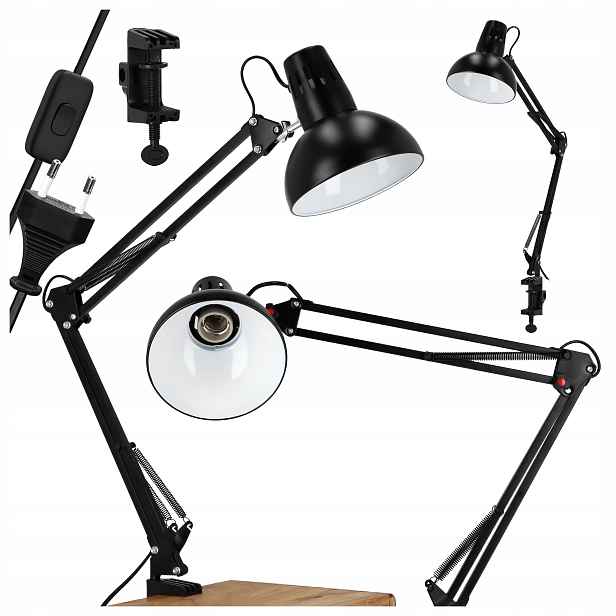 Led stolní lampa černá stojící E27 klip školní žárovka není součástí balení