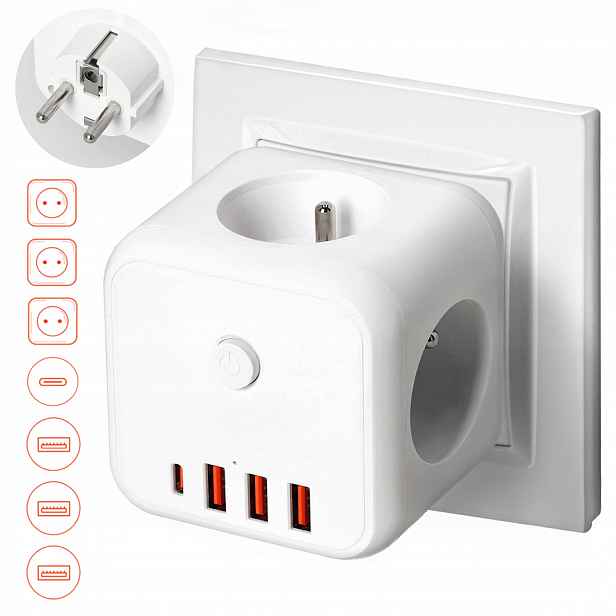 Elektrická zásuvka rozbočka Usb 3-zásuvky s možností vypnutí 4x Usb Bílá