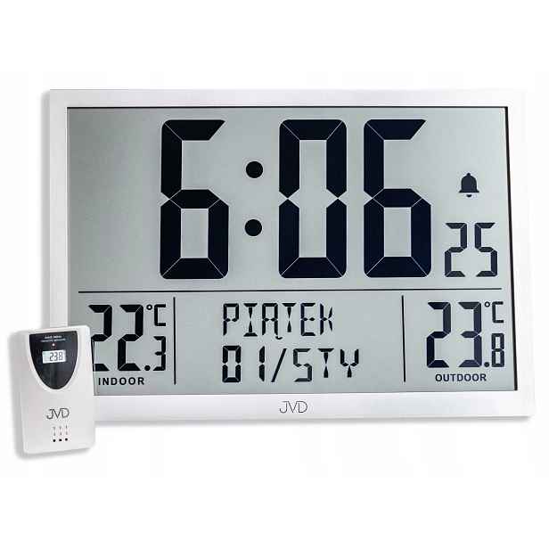 Budík Jvd RB9412.2 Stříbrný S Alarmem, Datem, Teploměrem A Externí Sondou
