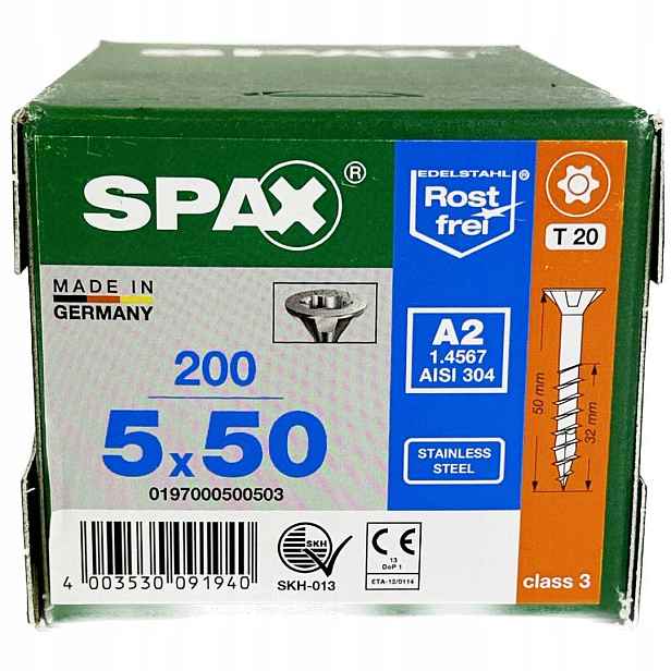 Nerezové vruty 5x50 mm, vruty do dřeva 200 ks, Ocel A2 Spax