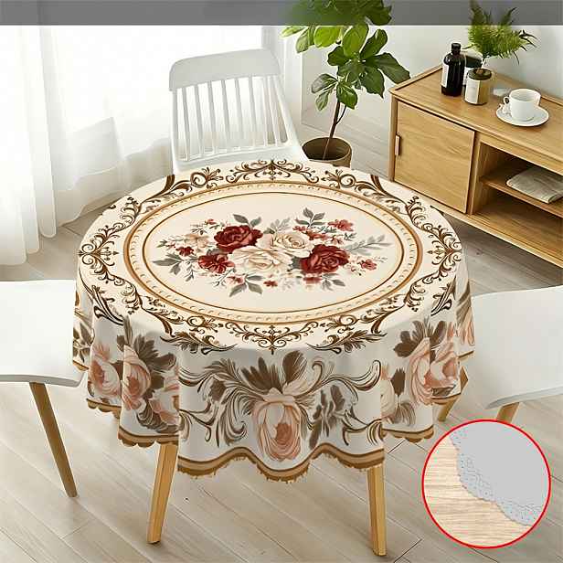 TEMU 1ks Evropský kulatý ubrus s květinovým vzorem, s elegantním růžovým vzorem a vintage dekorativním stylem s vroubkovaným krajkovým lemem. Ideální