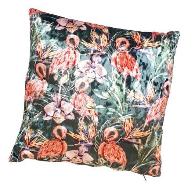 Zelený sametový polštář s plameňáky - 35*35cm Colmore by Diga