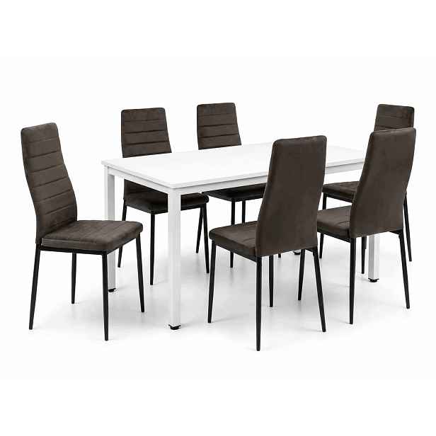 Jídelní set stůl 120x60 cm v loftovém stylu, bílý, se 6 hnědými sametovými židlemi Axell