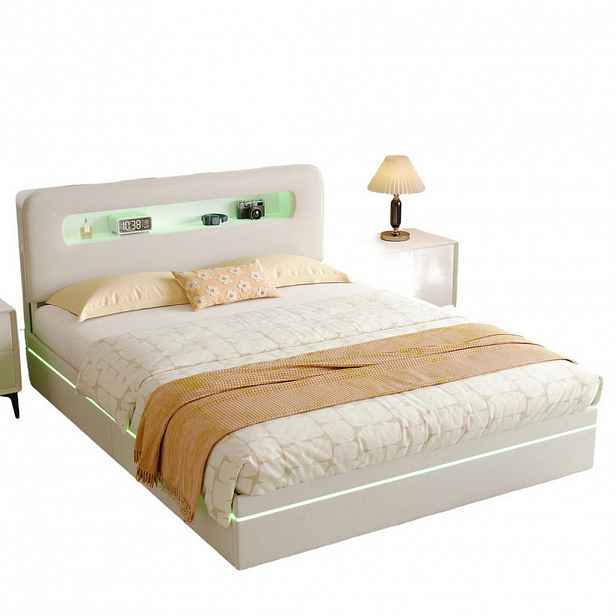 SHOPENTRA ČALOUNĚNÁ postel 140x200 cm béžová sametová LED úložná krabice s USB