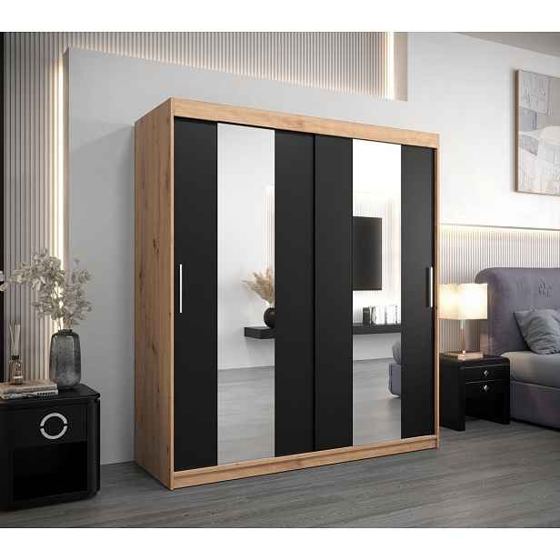 Skříň s posuvnými dveřmi KARIN - šířka 180 cm, dub artisan / černá