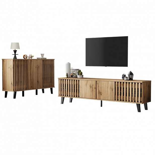 Redom TV stolek a komoda 180/40/55 cm a 150/40/95 cm s otevřenými a uzavřenými přihrádkami, stabilní konstrukce, Přírodní dřevo