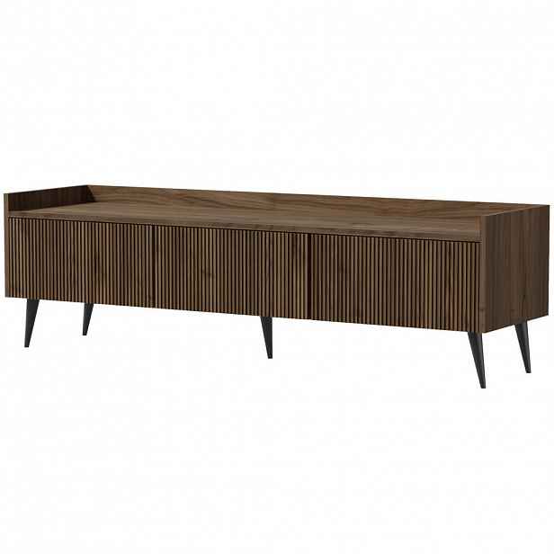 Beautysofa NÍZKÁ KOMODA Amfali se 3 výklopnými dvířky, drážkovaná čela, systém Push-to-open, kovové nohy, 150 cm, ořechová barva