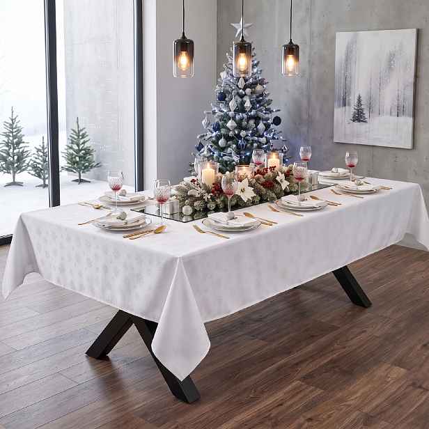 Vánoční ubrus na stůl SNOWFLAKES bílá 150x300 cm
