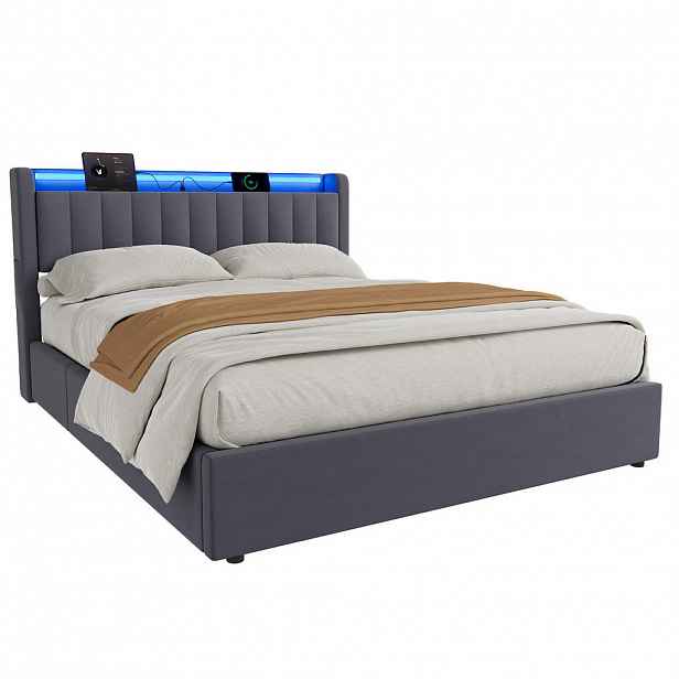WISHDOR ČALOUNĚNÁ POSTEL 160/200 cm v šedé barvě, s úložným prostorem, USB a LED osvětlením, bez matrace