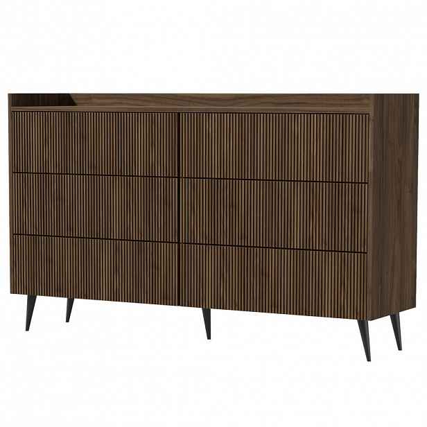 Beautysofa KOMODA Amfali se 6 zásuvkami, drážkovaná čela, systém Push-to-open, kovové nohy, 150 cm, ořechová barva