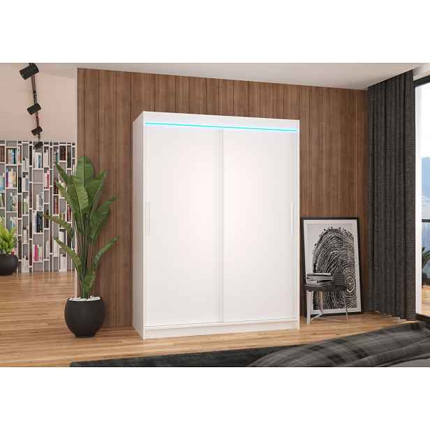 Šatní skříň 150 cm s posuvnými dveřmi a LED osvětlením GADRINA - bílá
