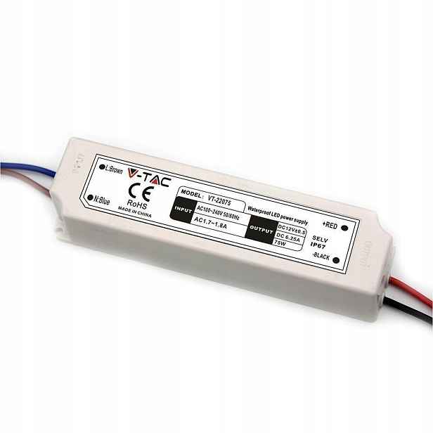 V-tac Led zdroj 75W 12V 6.25A IP67 hermetický filtr Emi VT-22075