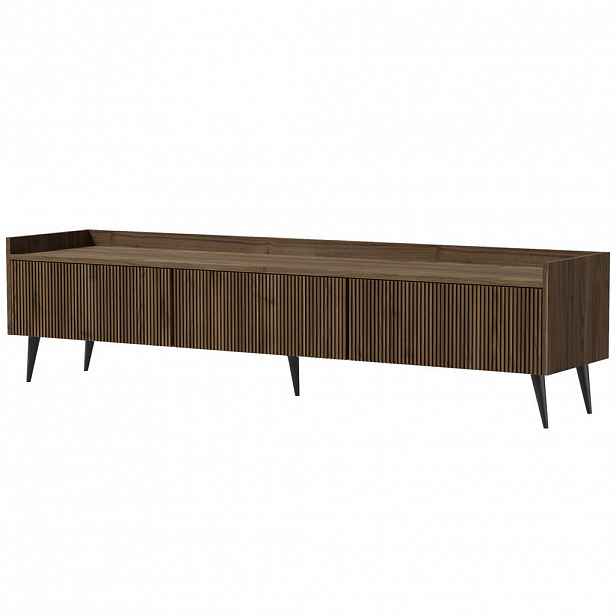 Beautysofa NÍZKÁ KOMODA Amfali se 3 výklopnými dvířky, drážkovaná čela, systém Push-to-open, kovové nohy, 180 cm, ořechová barva