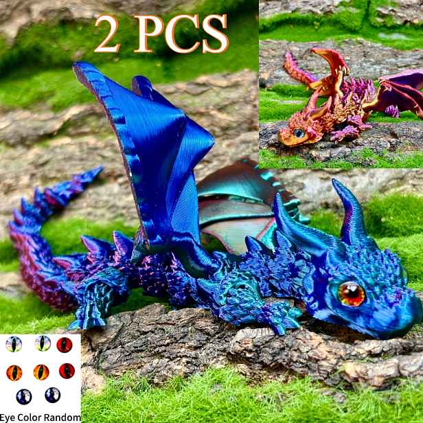 TEMU 2 ks 3D tištěný model křídlatého draka, kloubová a odnímatelná křídla, náhodná barva očí, domácí dekorativní soška, kreativní dárek s náhodnými