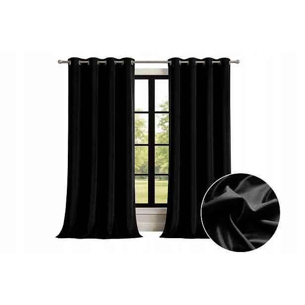 2x Černá sametová Závěs 140x250cm elegantní s okny a kroužky Černá