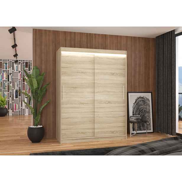 Šatní skříň 150 cm s posuvnými dveřmi a LED osvětlením GADRINA - dub sonoma