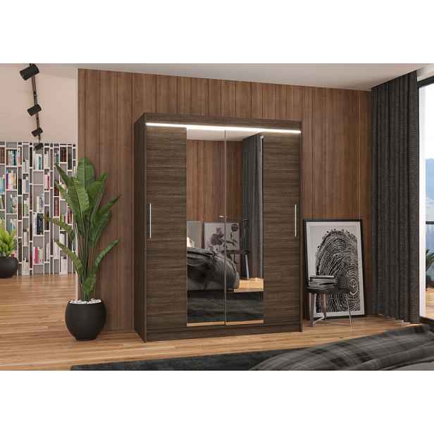 Skříň 150 cm se zrcadlem a LED osvětlením GAFRA - tmavě hnědá