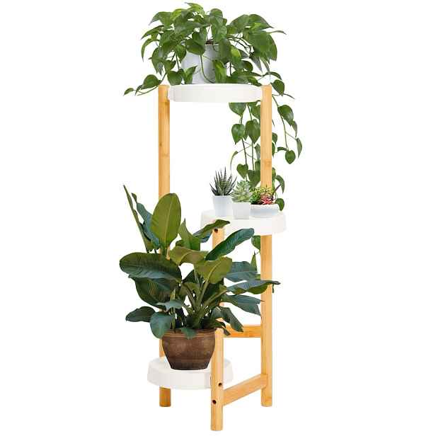 Držák Na Květináč Stojící Stojan Na Květiny Bambusový Květináč 3-PATROVÝ Bílý 80 CM