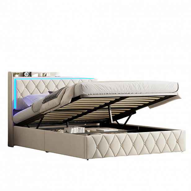SHOPENTRA ČALOUNĚNÁ postel 140x200 cm béžová LED USB Type-C hydraulická