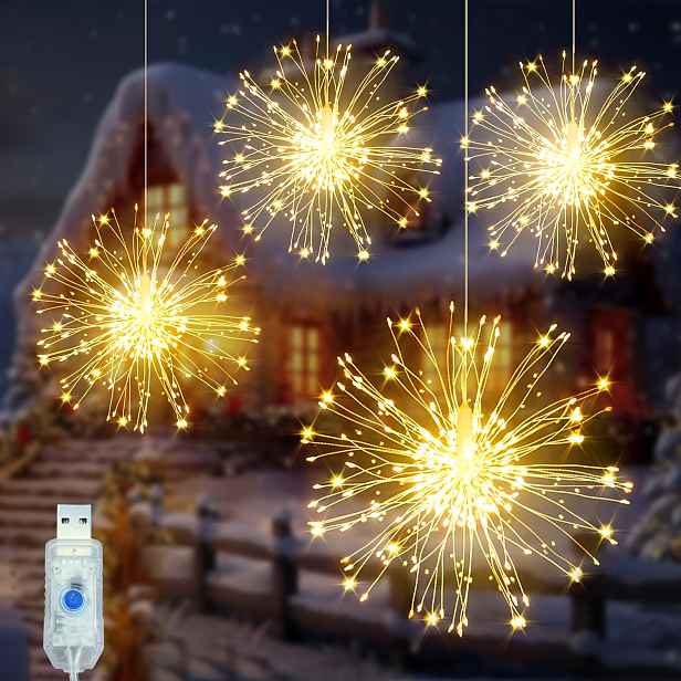 TEMU 4 BALENÍ Světla, Ohňostrojová světla, 240 LED závěsná světla, Vnitřní závěsné dekorace, USB napájení, Pro párty, stany, vnitřní dekorace (Teplá