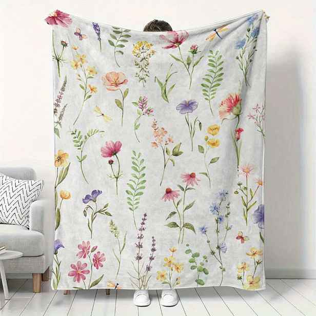 TEMU Měkká flanelová s květinovým potiskem - Živý barevný design, útulný fleece pro všechny roční období na pohovku, do kanceláře, kempování & domácí