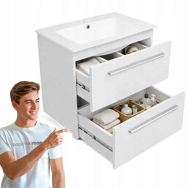 Koupelnová závěsná skříňka 60 cm Set s umyvadlem Bílá lakovaná vysoký lesk