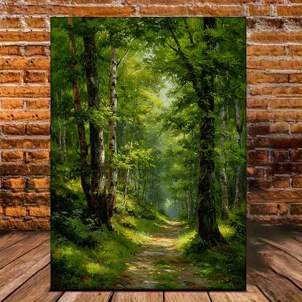 TEMU 2D plochý obraz, 2D plochý obraz, 1 ks Obraz na plátně ve stylu vintage olejomalby Lesní cesta | 30.48x40.64 cm Rustikální krajina Stromy