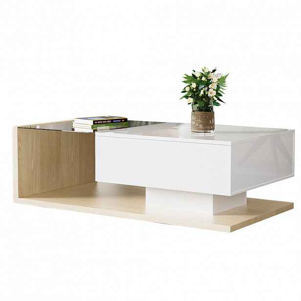 Modfu KONFERENČNÍ stolek z dřevotřísky 105x55x32,5 cm bílá v lesku a přírodní s tvrzeným sklem, LED osvětlením a úložným prostorem