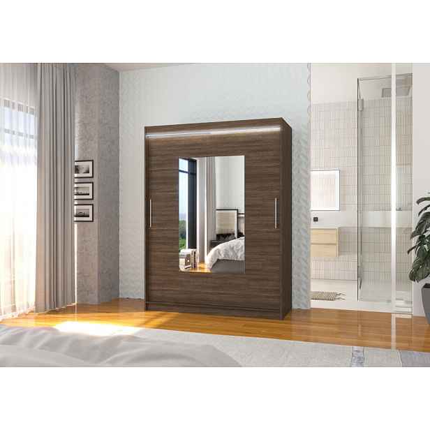 Zrcadlová šatní skříň s LED osvětlením 150 cm GAKRIS - tmavě hnědá