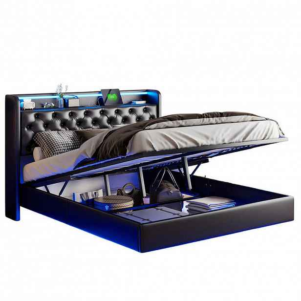 SHOPENTRA ČALOUNĚNÁ postel 160x200 cm Černá PU LED USB úložný prostor