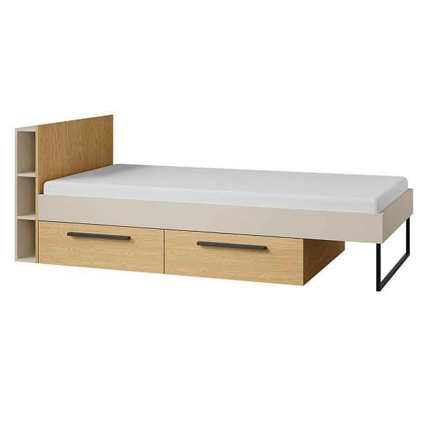 Beautysofa POSTEL Largo se 2 zásuvkami a odkládacími přihrádkami, bez matrace, 90x200 cm, do studentského pokoje, kašmír/jarní dub
