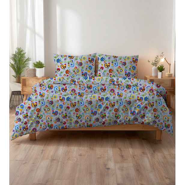 Krepové povlečení 180x200 šedá folk lovecký s kohouty a květinami Kora Home