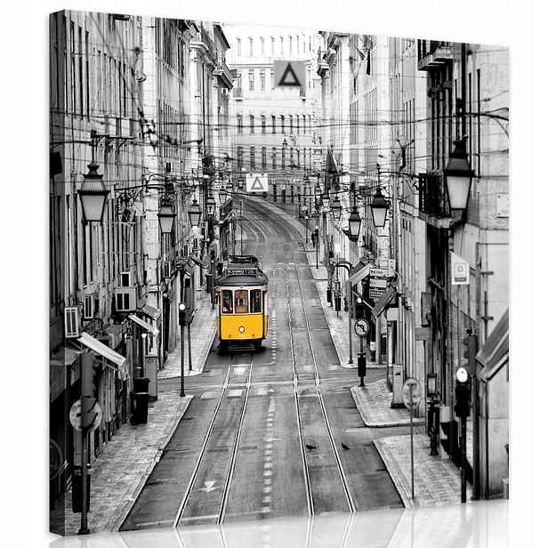 Obraz 80x80 Lisabon Žlutá tramvaj v monochromatické městské krajině