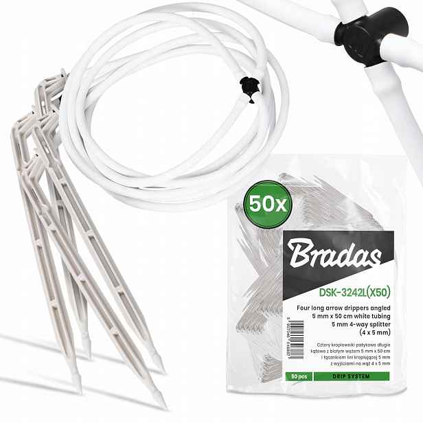 50x Kapač Emitor 4x5 mm 50 cm Tyčový Dlouhý Čtyřháček Hadice pro zavlažování