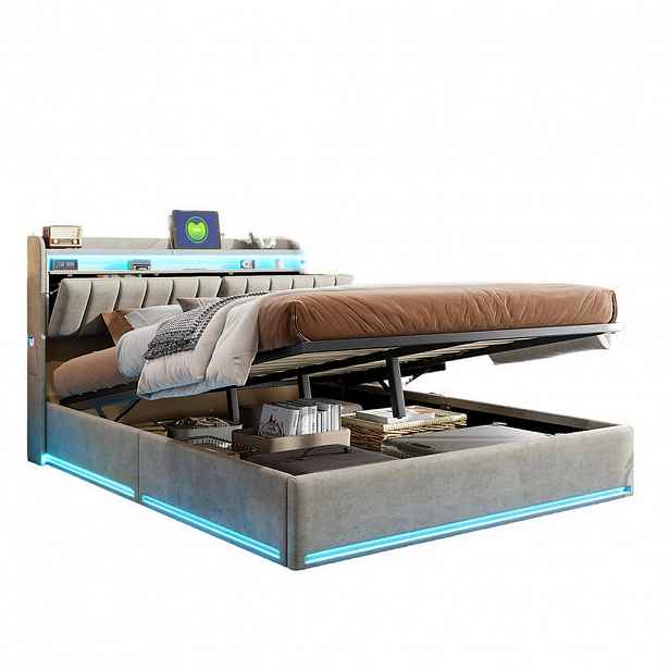 SHOPENTRA ČALOUNĚNÁ postel 140x190 cm šedý samet s USB úložným prostorem