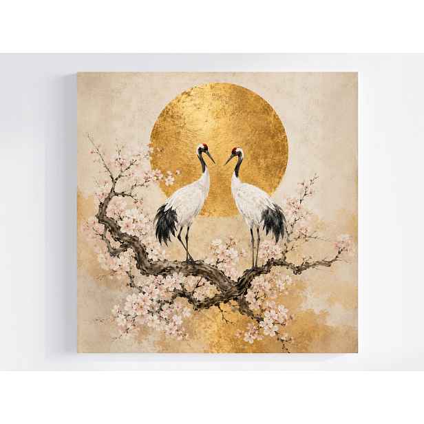 Obraz Na Plátně Canvas Asie Japandi Květy Višeň Pták Jeřáb Slunce 50x50