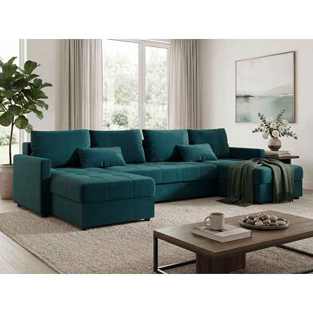 Rozkládací sedací souprava do U VENORIA 285x146 cm, petrolejová + 2 polštářky ZDARMA