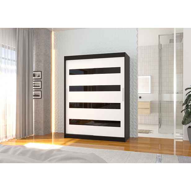 Šatní skříň s posuvnými dveřmi 150 cm DAKTIS - černá / bílá / černá