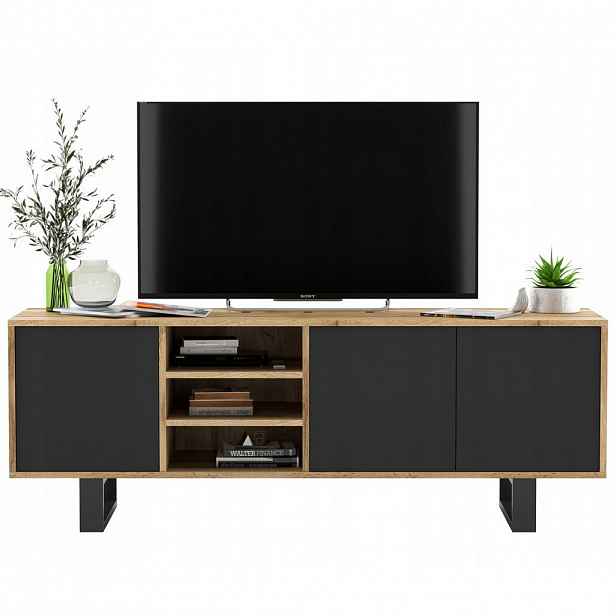 Meble Lindner TV stolek Apollo dub Wotan / černá matná 150 cm s kovovými nohami