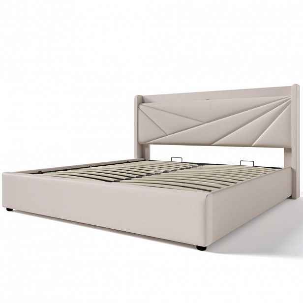 CHICFURN ČALOUNĚNÁ POSTEL 140/200 cm v béžové barvě s úložným prostorem, USB a Type-C