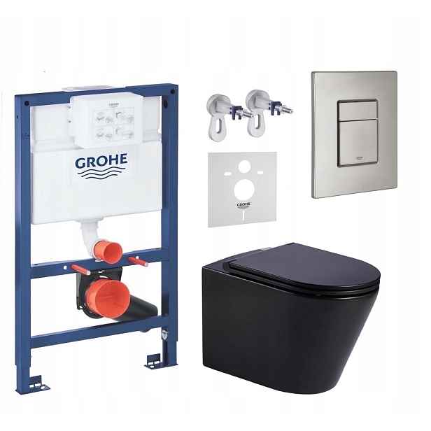 Sada Grohe 820 mm Wc mísa Imprese Černá a tlačítko nerezová ocel matná